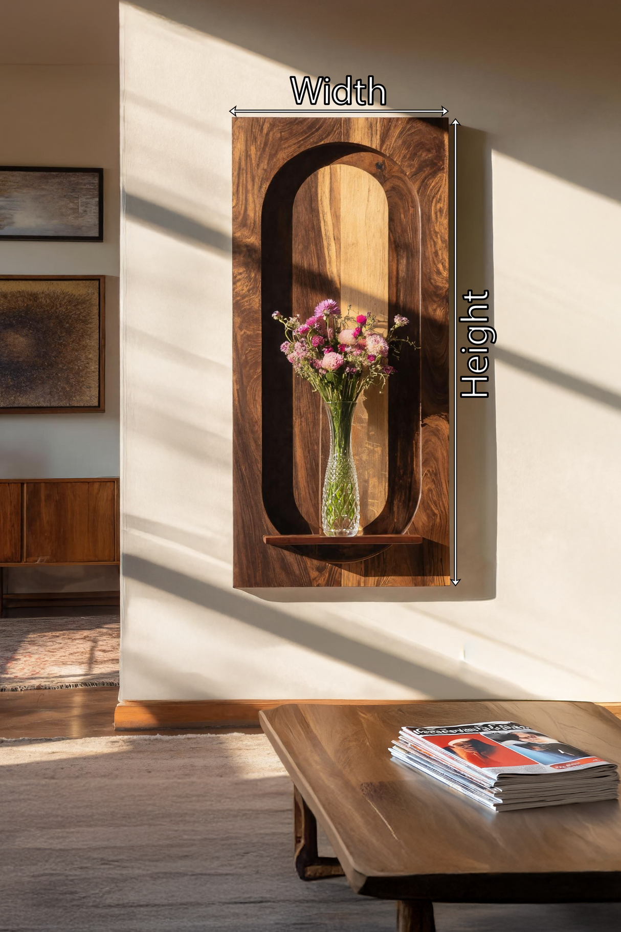 Arched Solid Wood Wall Panel with Floating Display Shelf