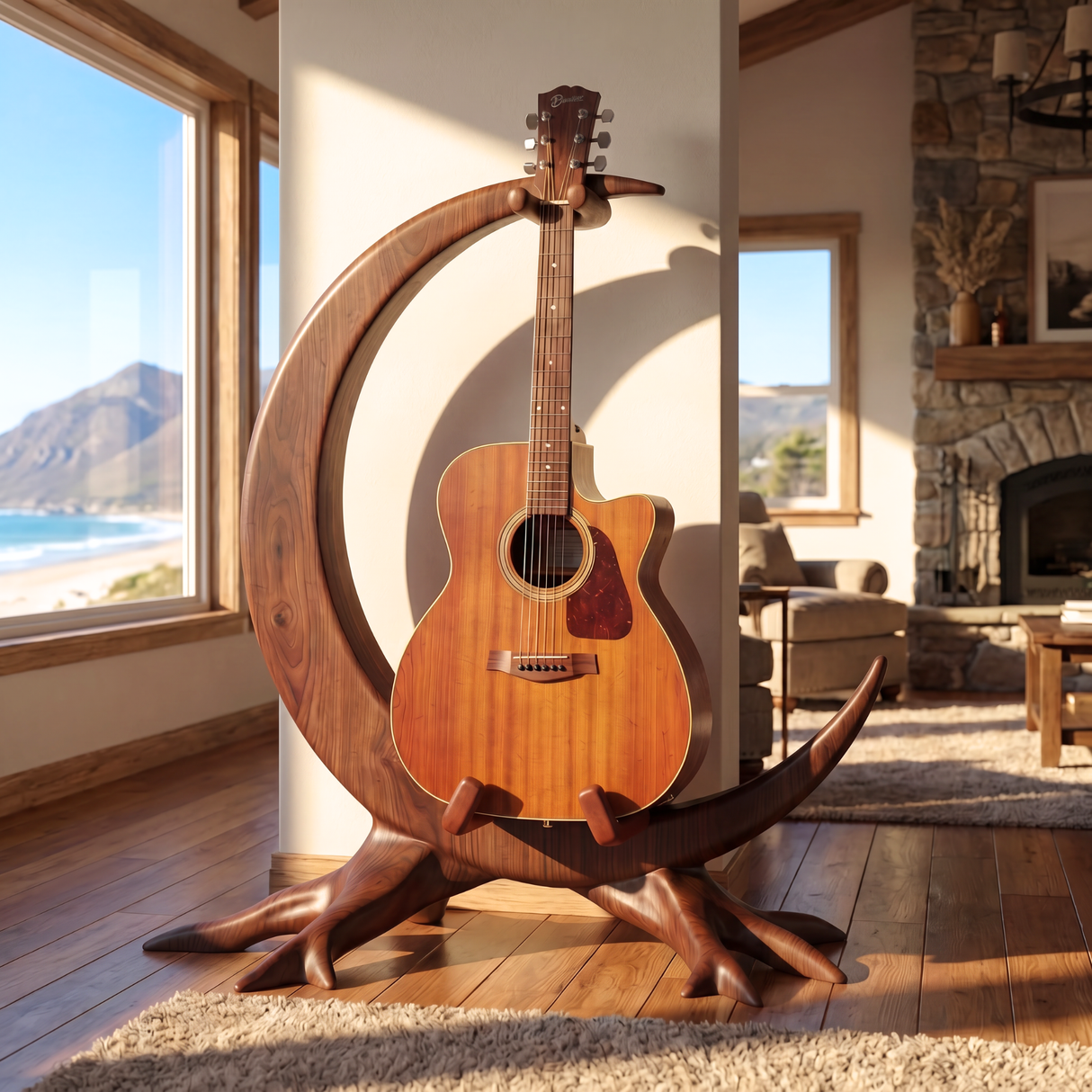 Crescent Guitar Holder Handmade Sculptural Floor Stand