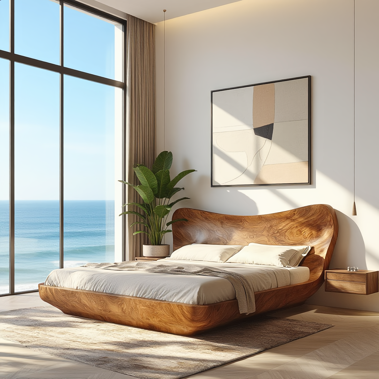 Sculptural Wood Bed with Curved Organic Headboard