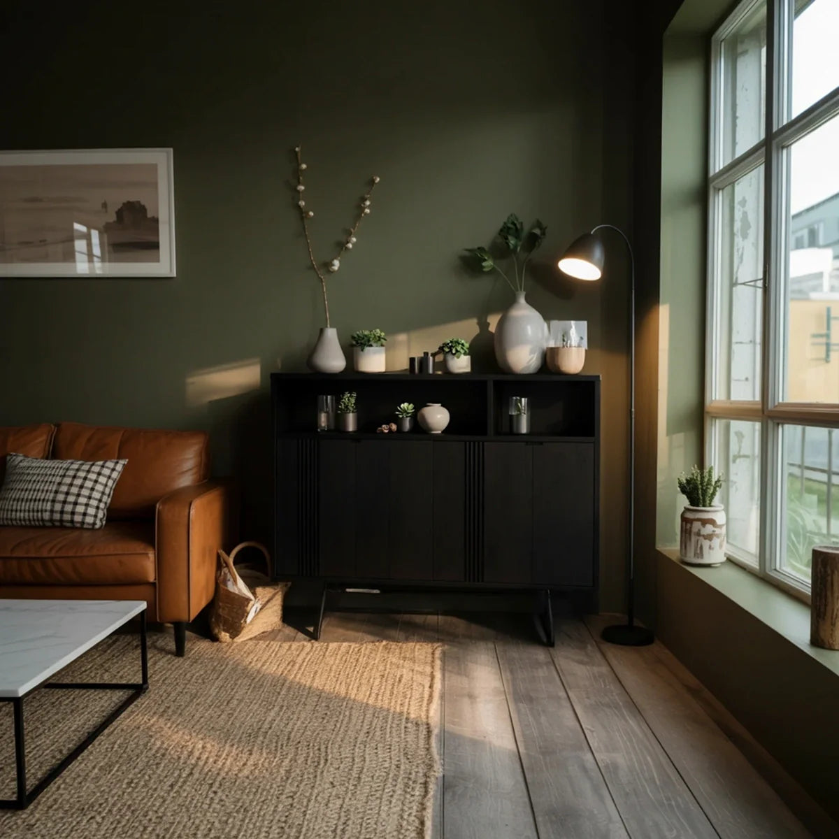 Solid Wood Sideboard Cabinet with Slatted Doors and Modern Storage