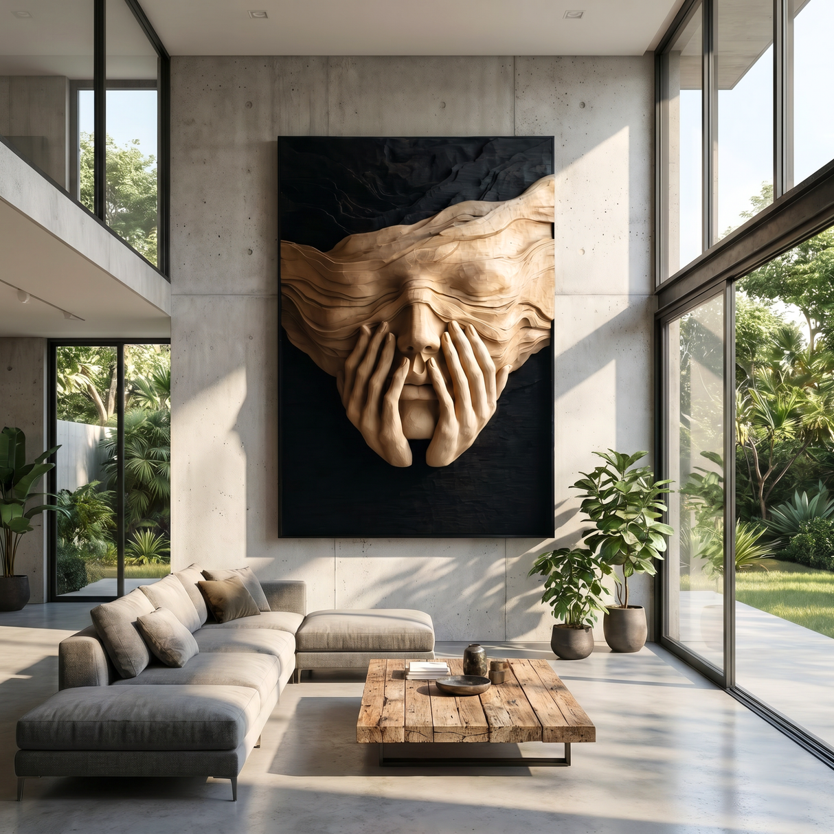 Sculptural Wood Wall Art with Veiled Face and Hands