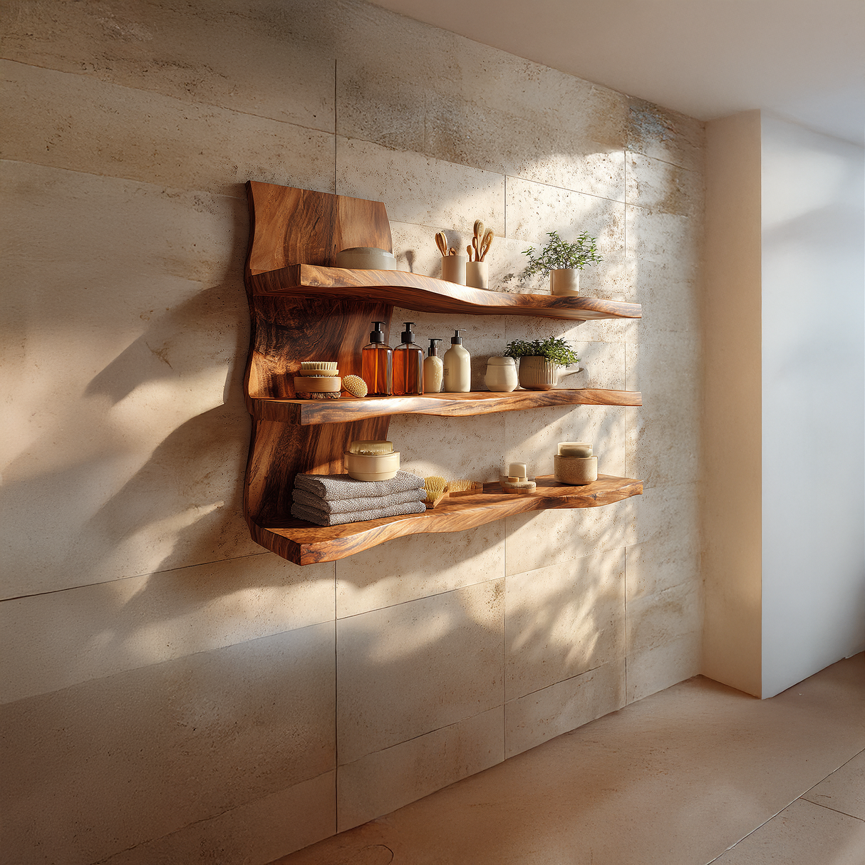 Live Edge Solid Wood Wall Shelves for Organic Modern Bath