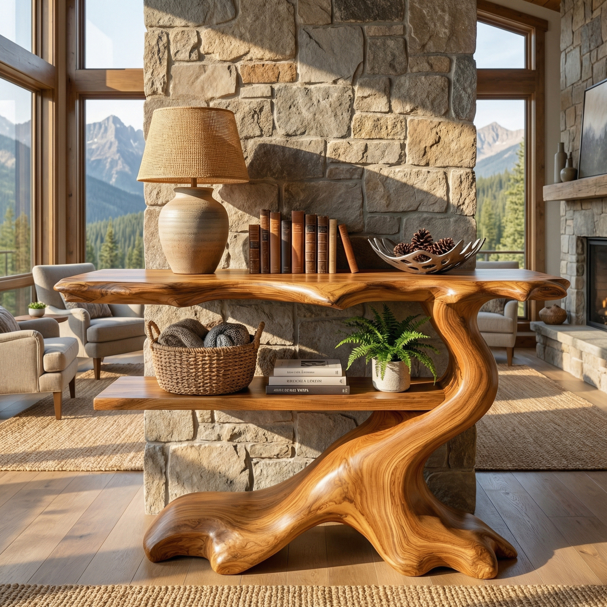 Sculptural Solid Wood Console Table with Open Shelf, Organic Entryway Table