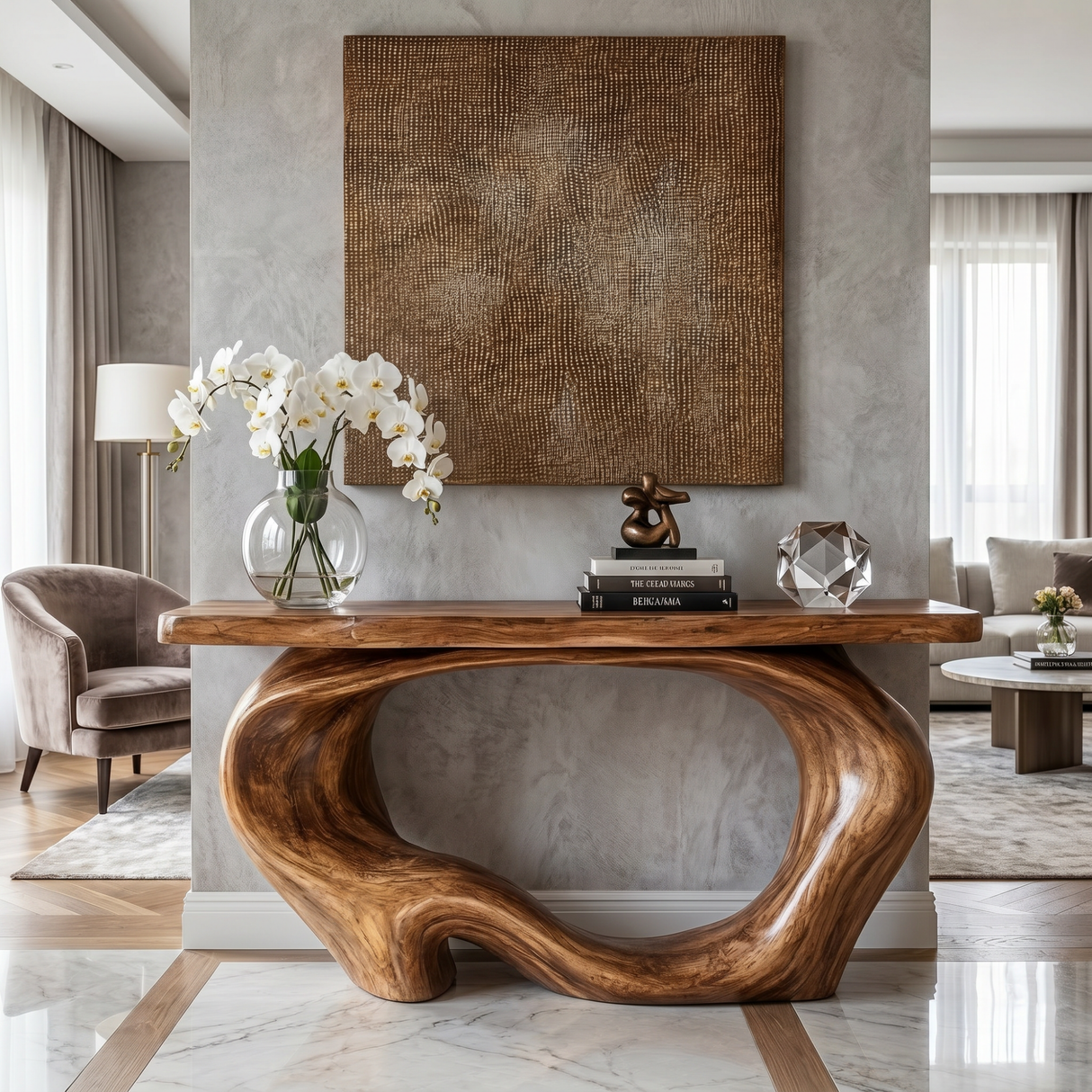 Console Table Solid Wood with Organic Hollow Loop Base for Entryway Decor