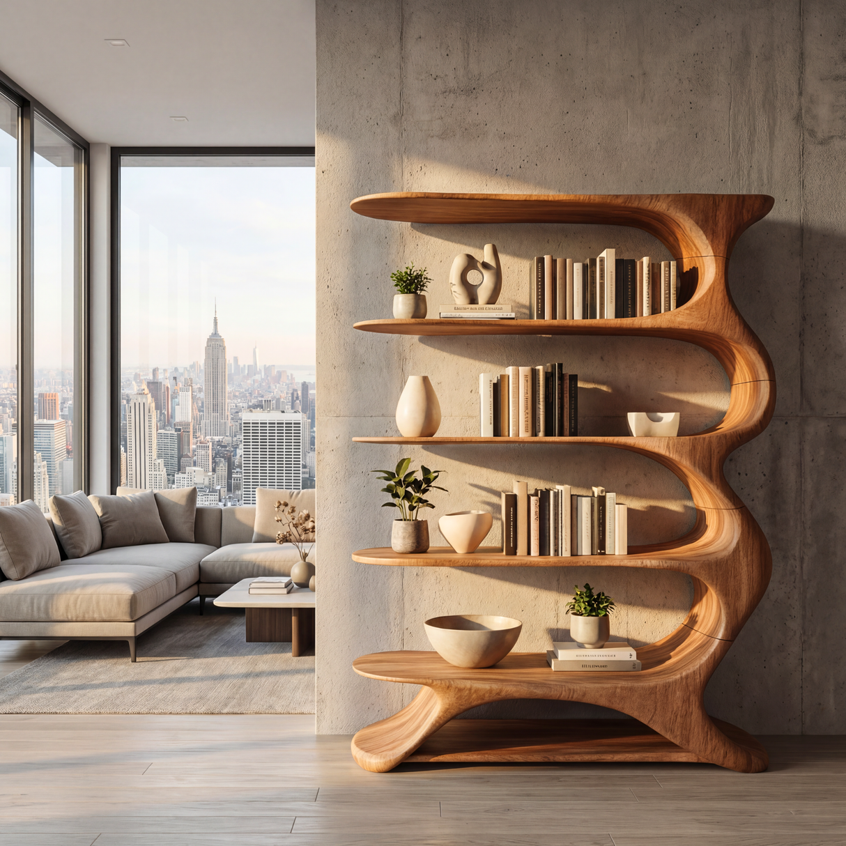 Wave Spine Wood Display Bookcase with Floating Open Shelves