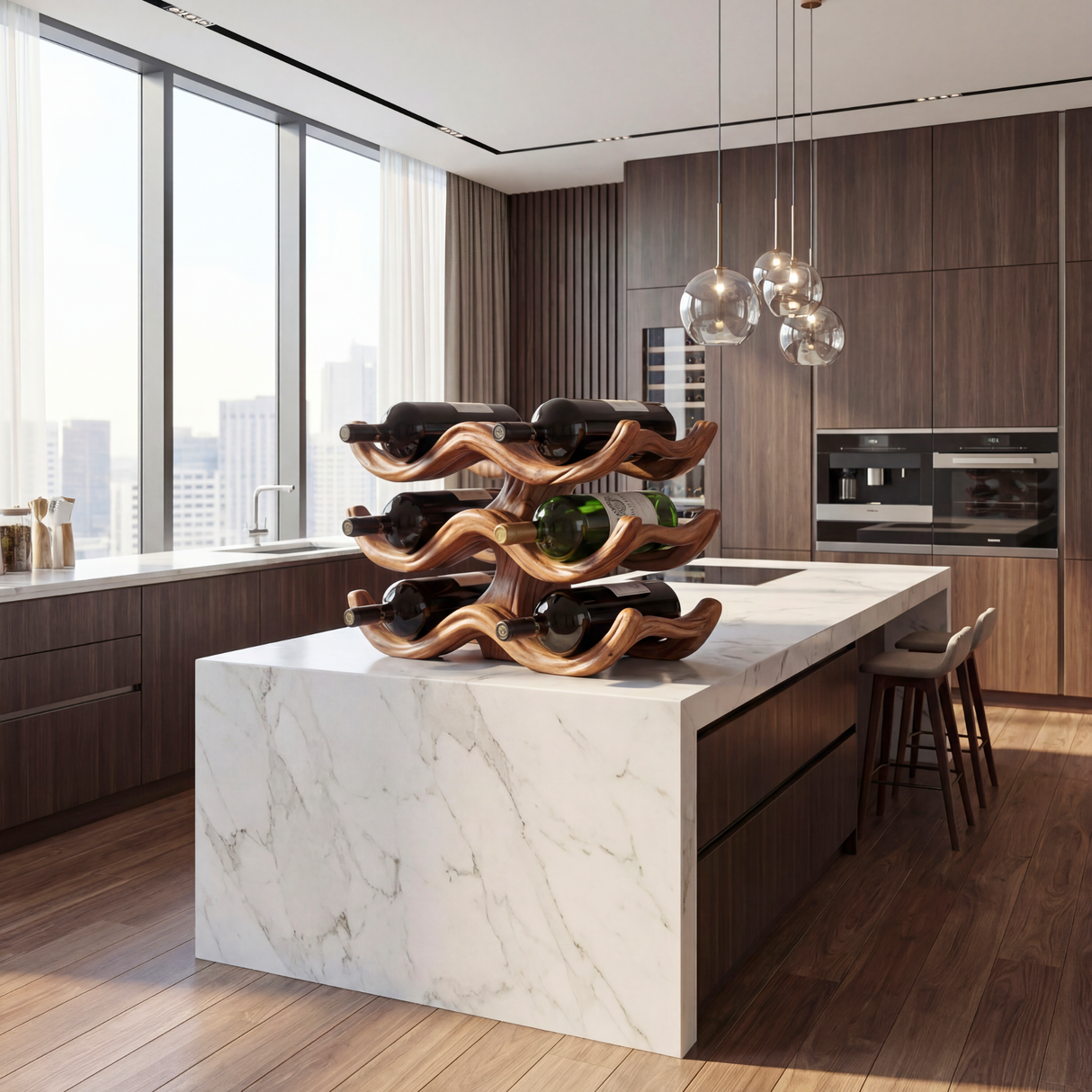 Sculptural Solid Wood Wine Rack Wave Form Bottle Holder Multi Layer Countertop Display