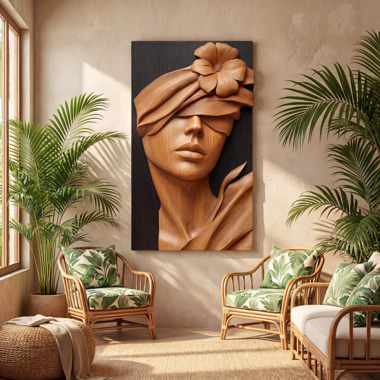 Serenity Bloom Wooden Relief Floral Woman Sculpture Wall Art