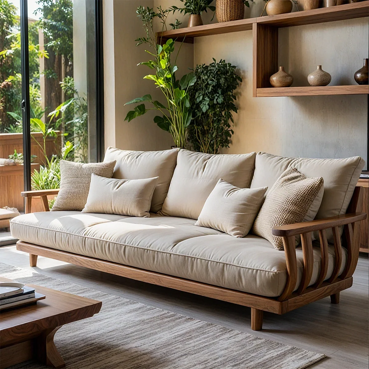 Solid Wood Frame Sofa with Linen Cushions for Organic Modern Living