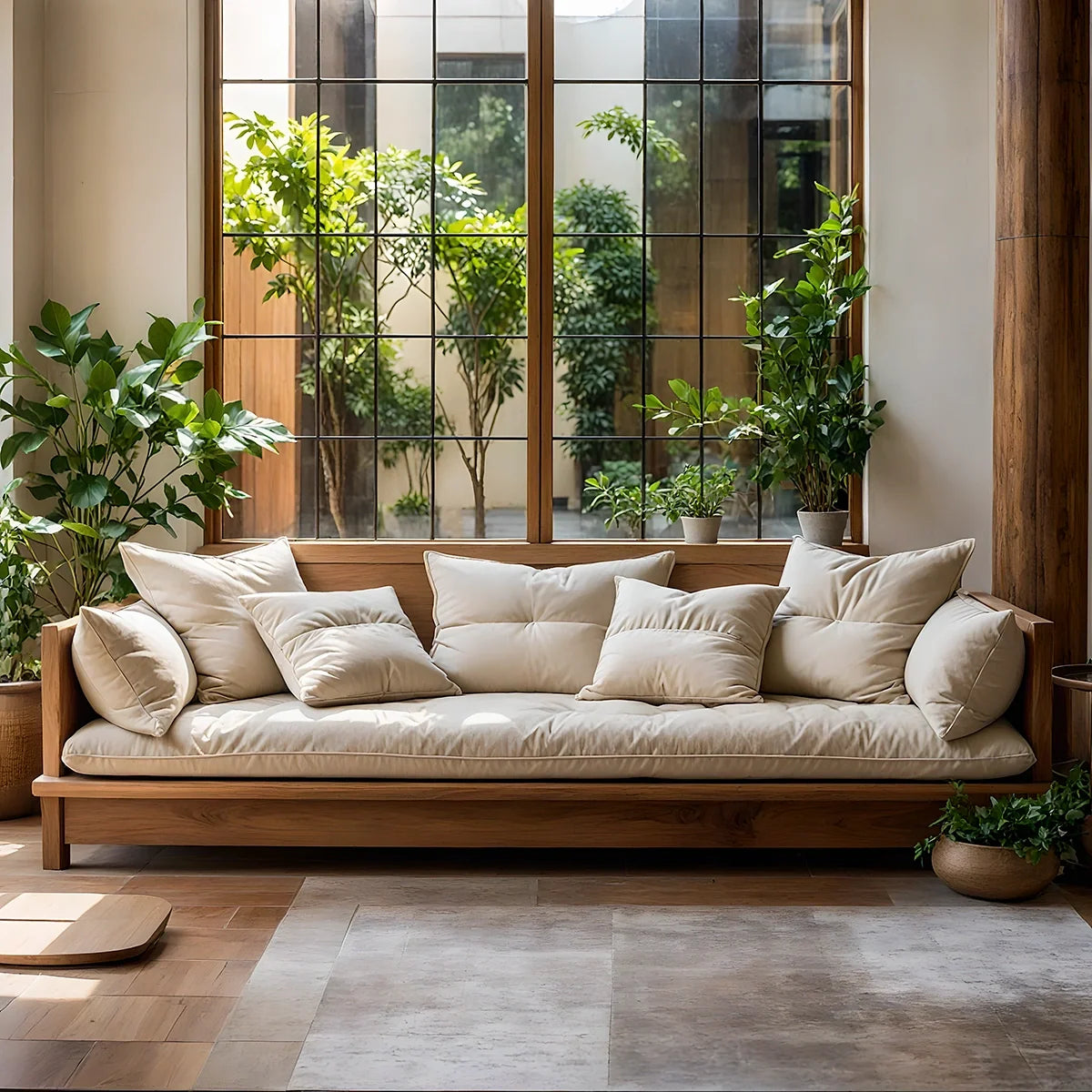 Japanese Style Low Wooden Sofa with Linen Cushions Zen Solid Wood Platform Couch