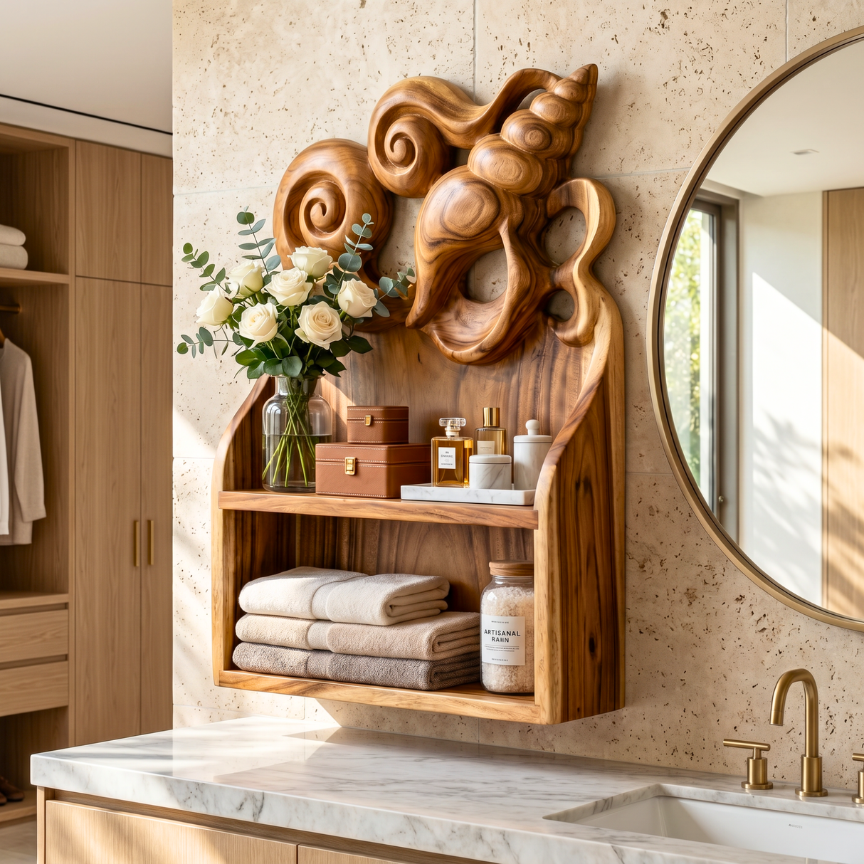 Seashell Carved Wood Wall Shelf for Bathroom Storage