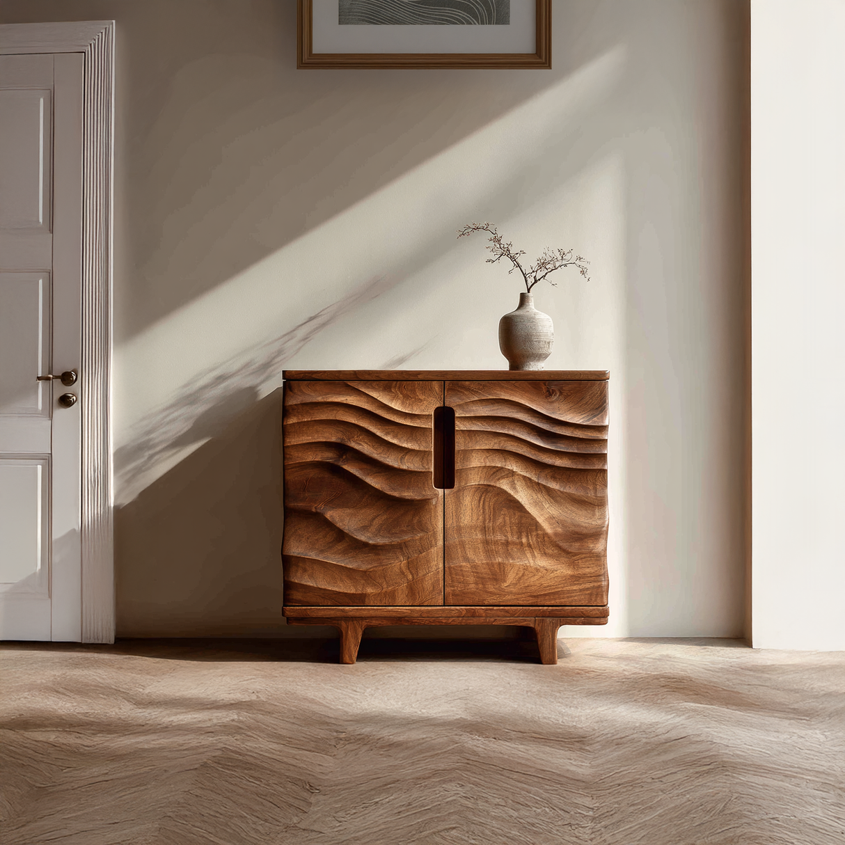 Hand-Carved Solid Wood Cabinet with Wave Front Design