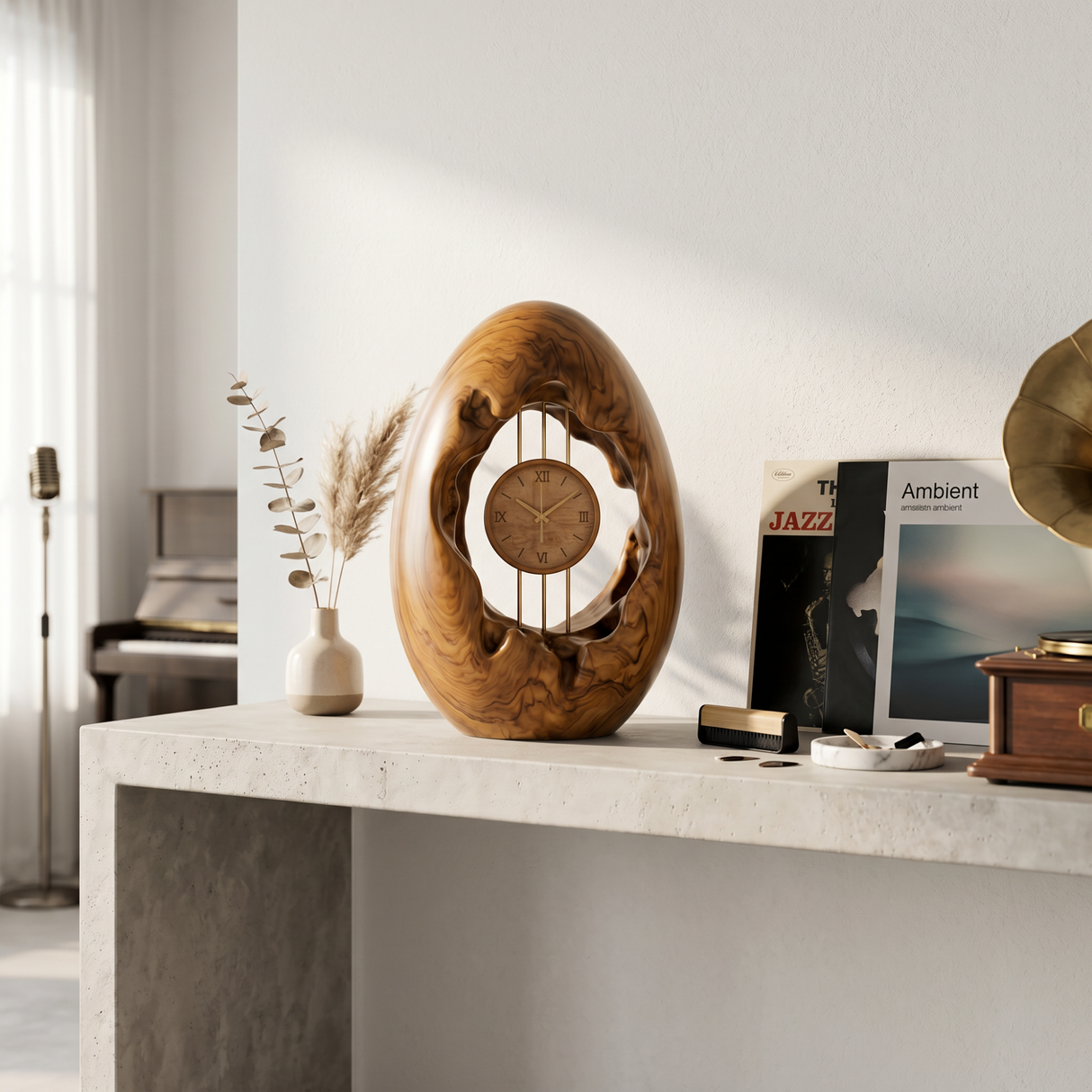 Solid Wood Oval Table Clock with Hollow Sculptural Frame