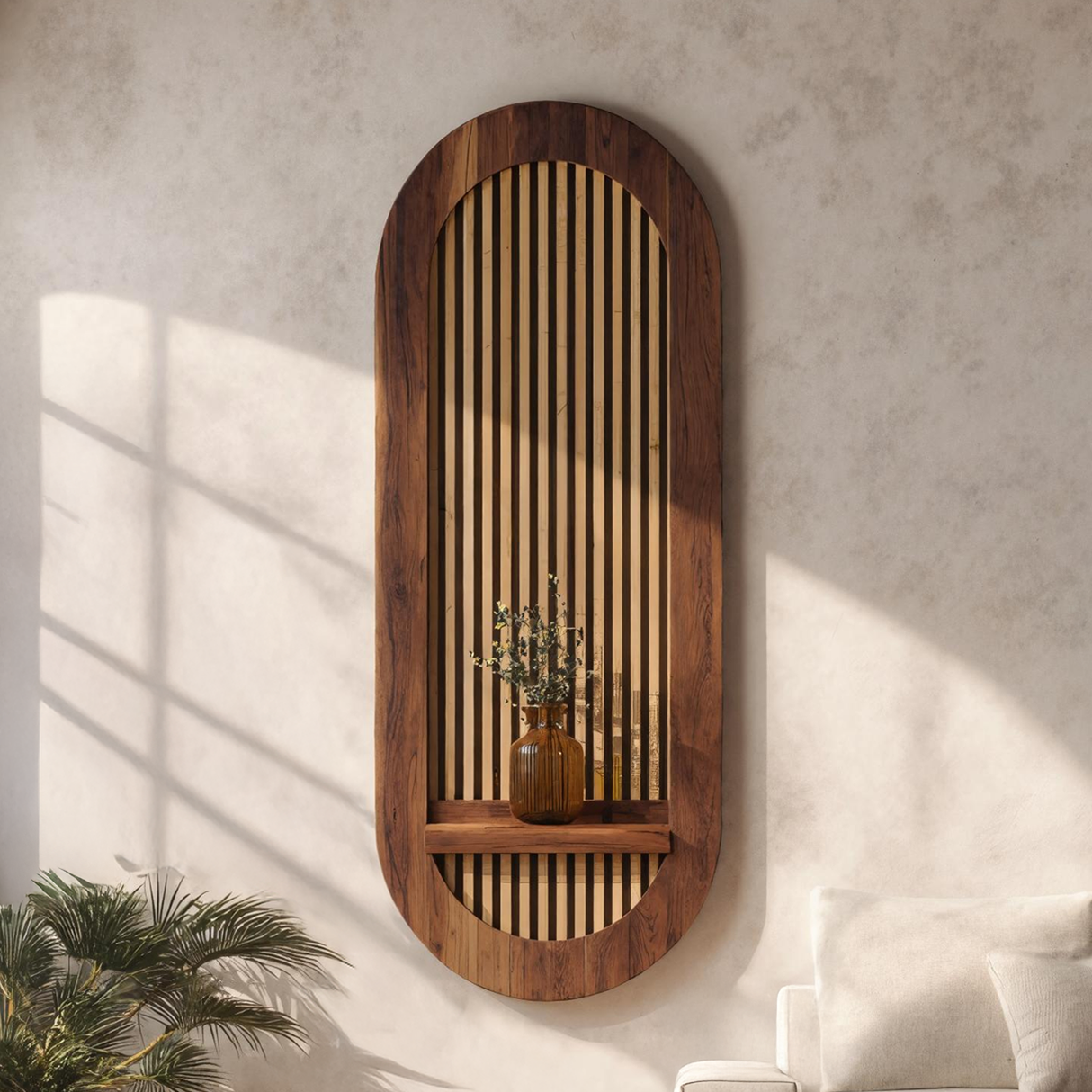 Arched Slatted Solid Wood Wall Panel with Floating Shelf
