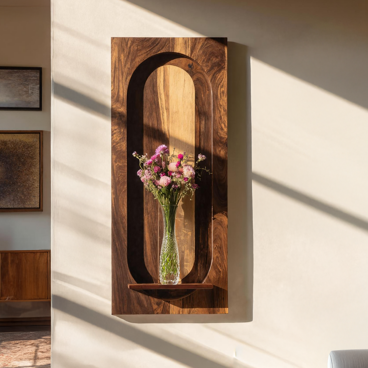 Arched Solid Wood Wall Panel with Floating Display Shelf