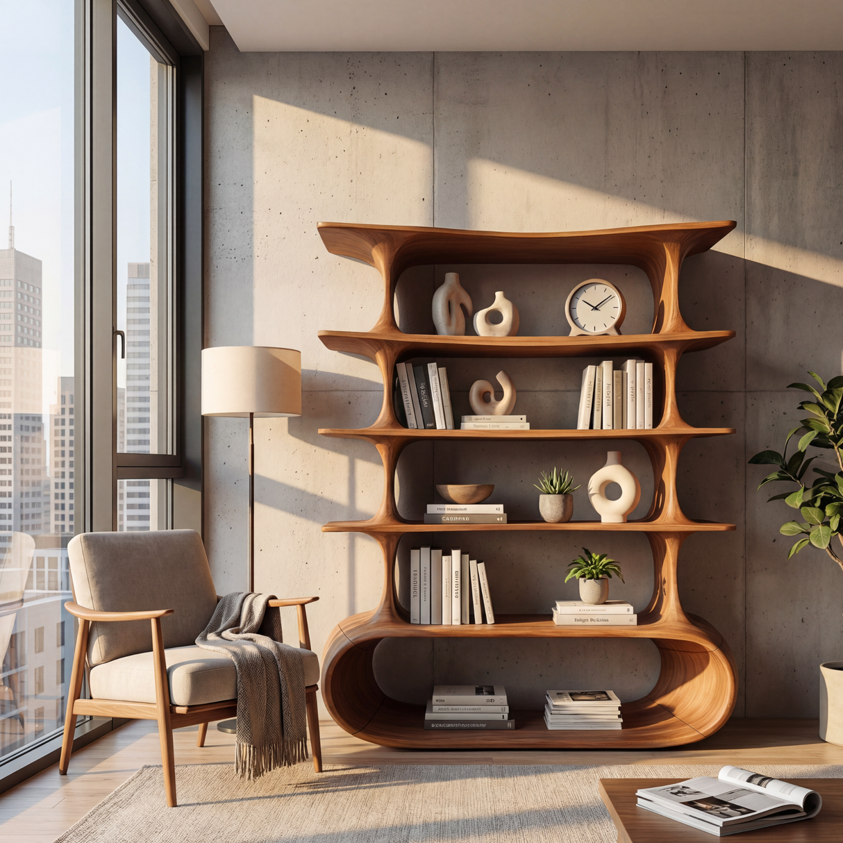Modern Tiered Curve Wood Shelf for Books and Decorative Display