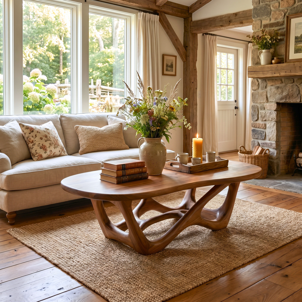 Cottage Solid Wood Coffee Table with Sculpted Open Base and Rounded Rectangular Top