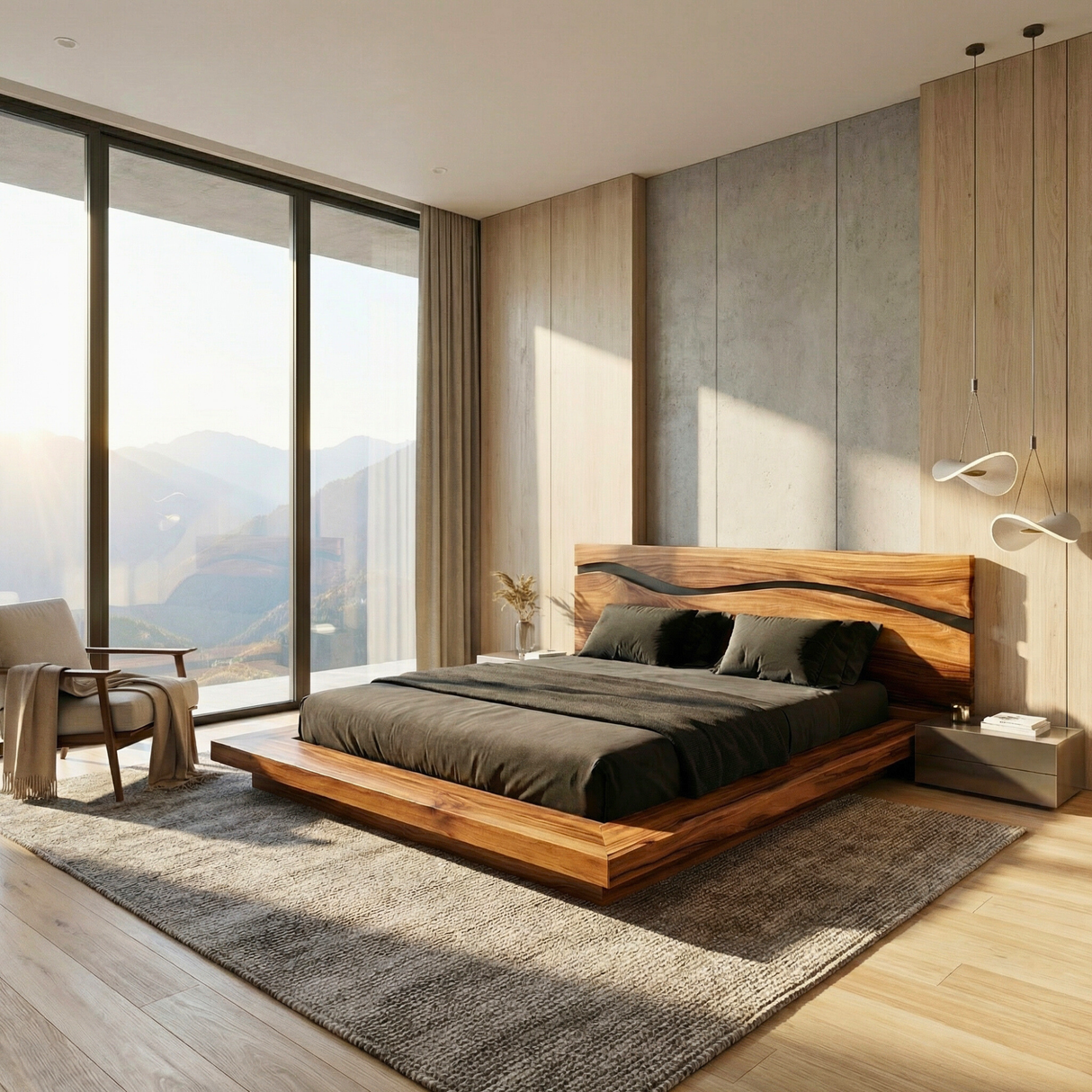 Solid Wood Bed with Wave Headboard, Modern Rustic Platform Bed