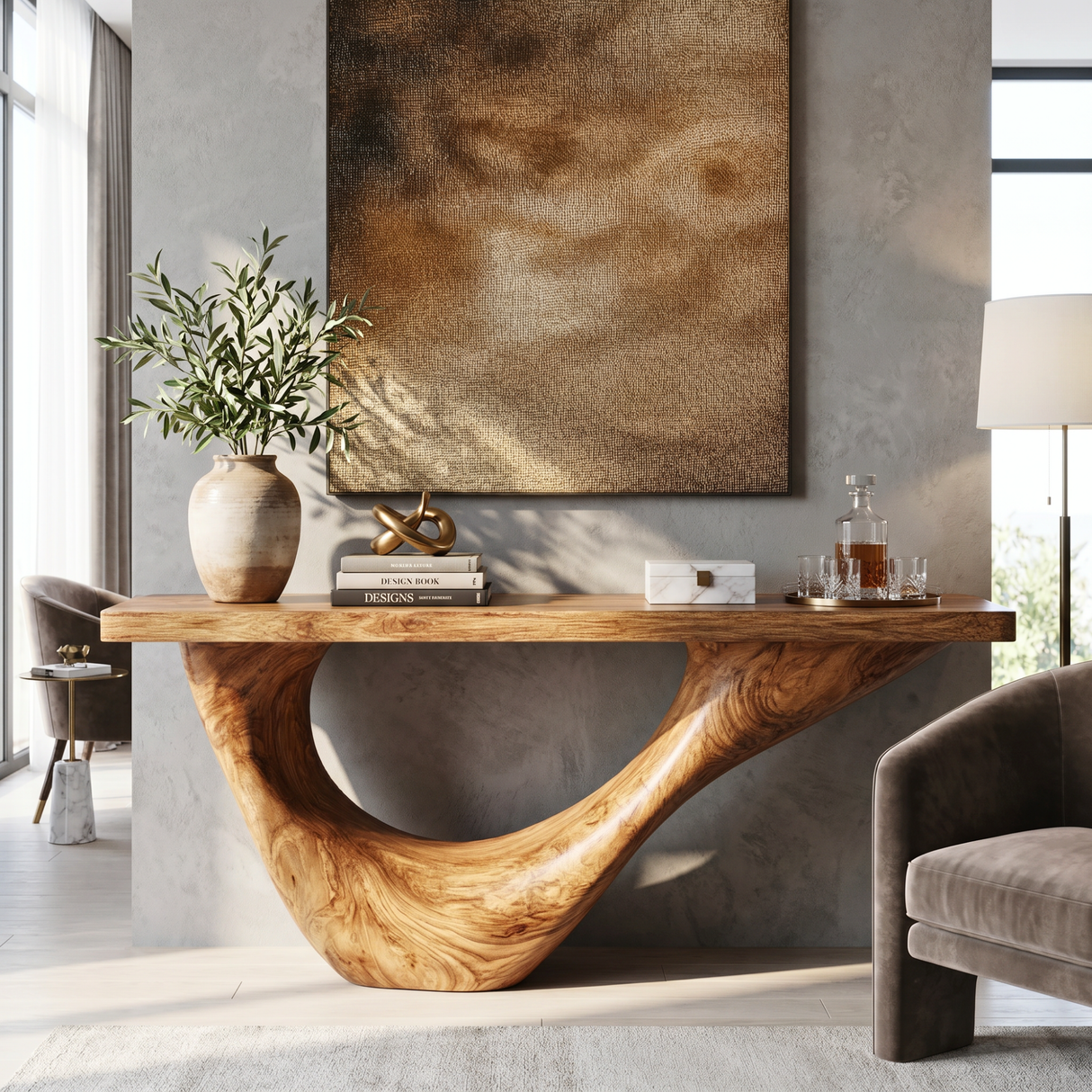 Console Table Solid Wood with Sweeping Open Crescent Base