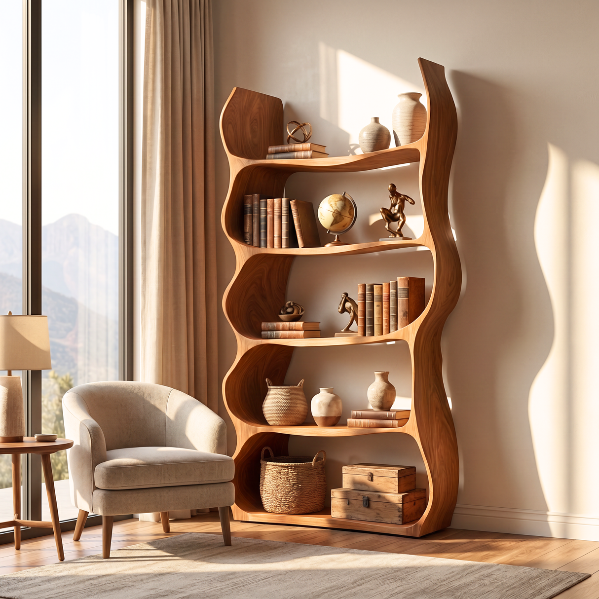 Organic Wavy Bookshelf Handmade Sculptural Wooden Display Shelf Modern Storage Unit