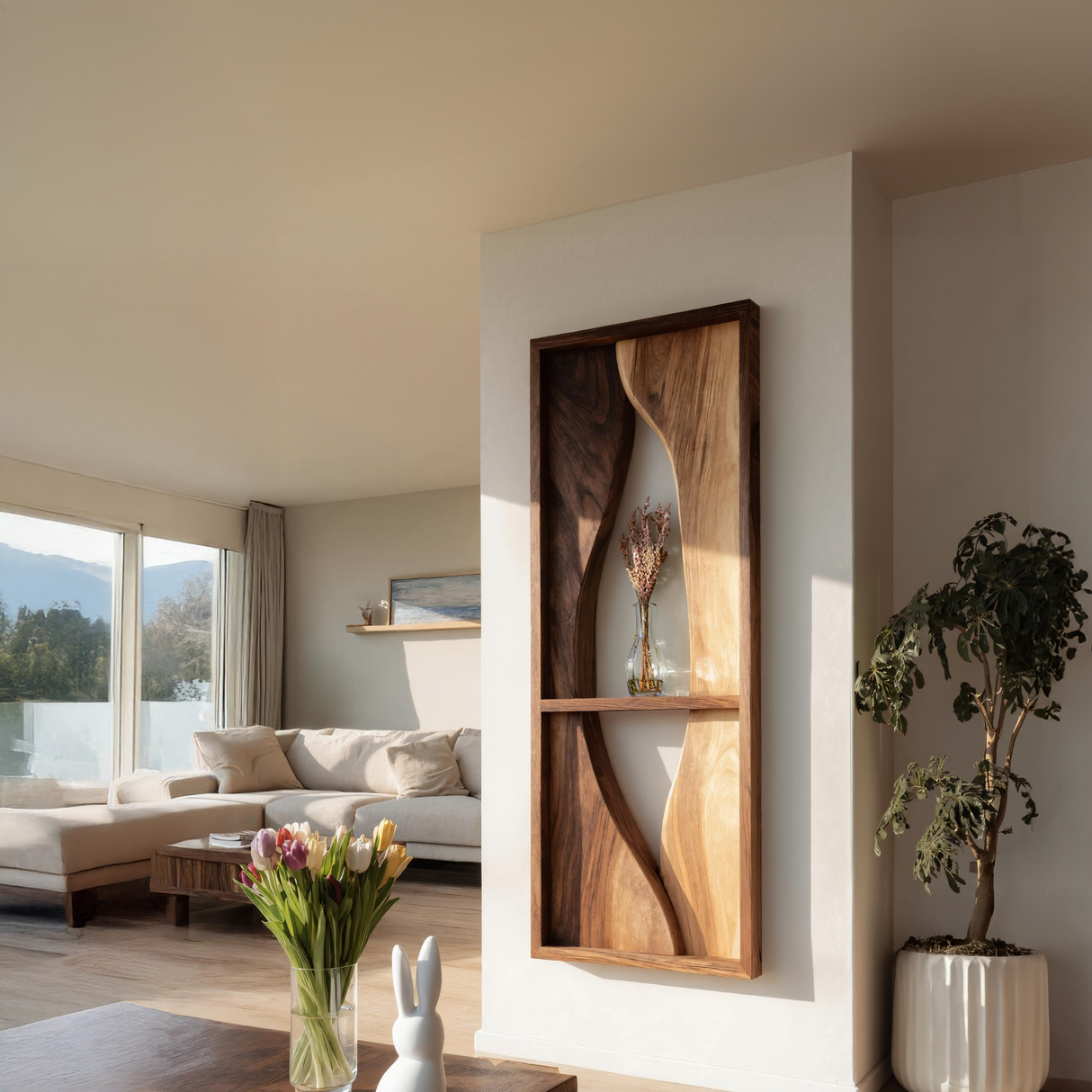 Organic Wood Wall Art Panel with Floating Display Shelf