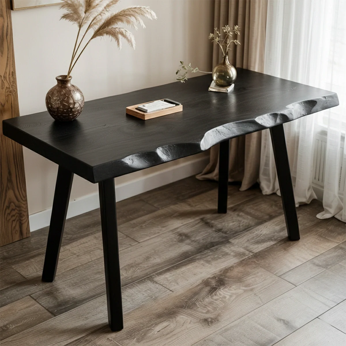 Live Edge Walnut Wood Table with Inlay Handmade Solid Wood Desk