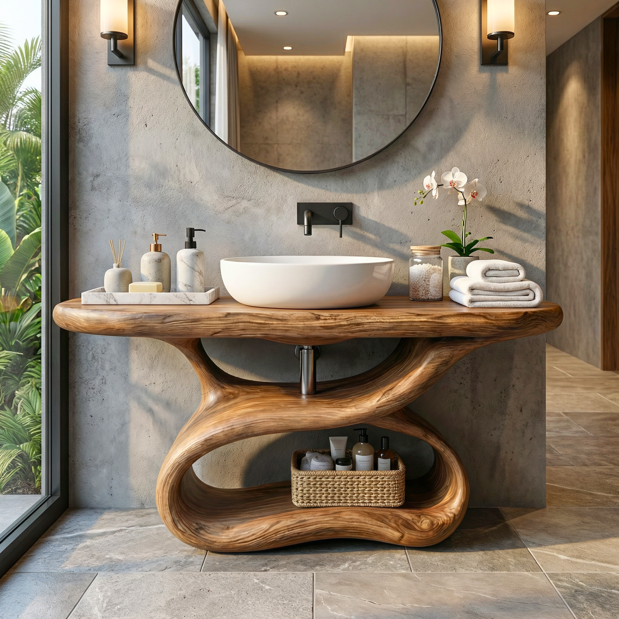 Sculptural Solid Wood Bathroom Vanity with Open Shelf Base