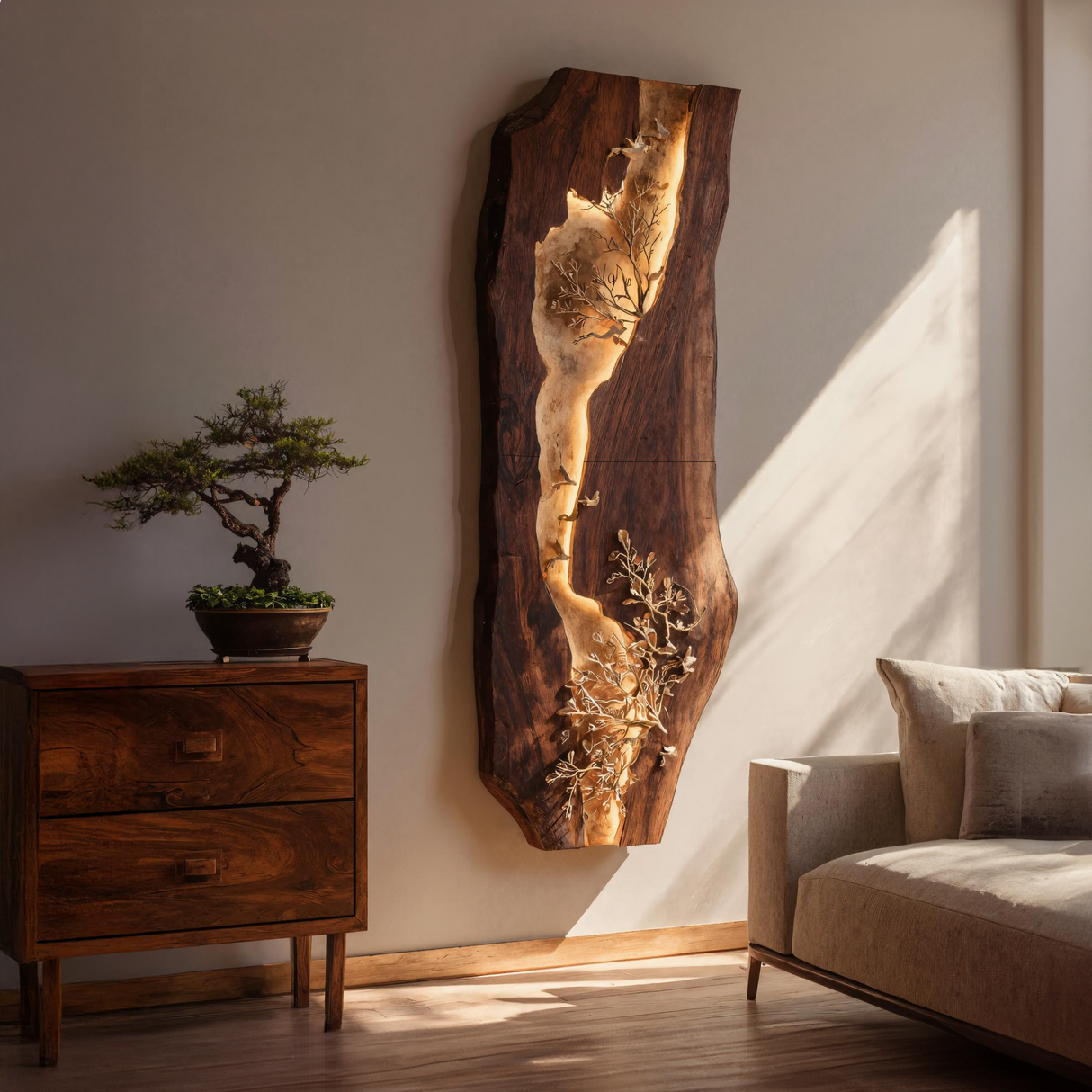 Live Edge Solid Wood Wall Sculpture with Organic Inlay