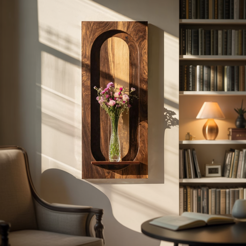 Arched Solid Wood Wall Panel with Floating Display Shelf