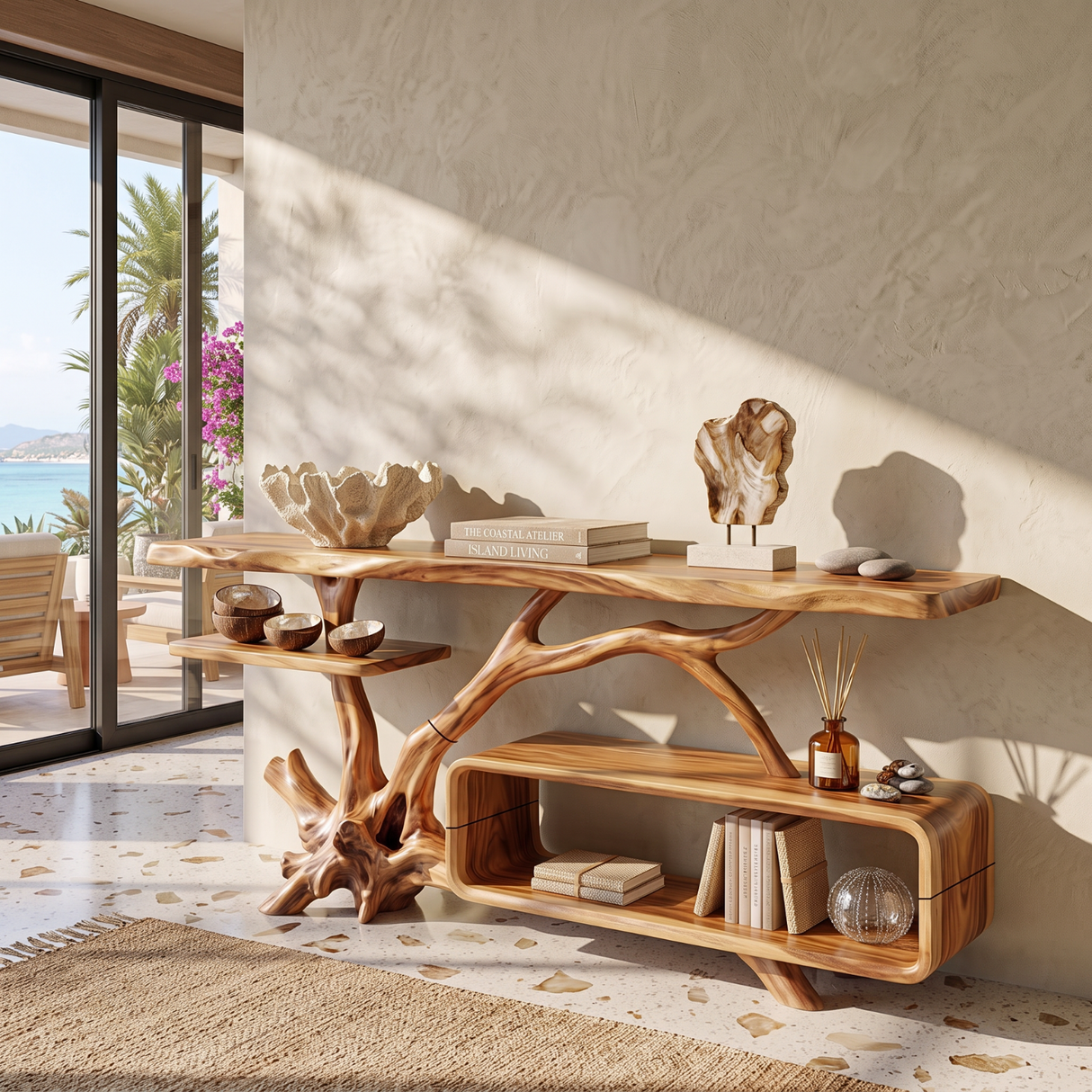 Console Table Solid Wood with Sculptural Branch Base and Open Storage Shelf
