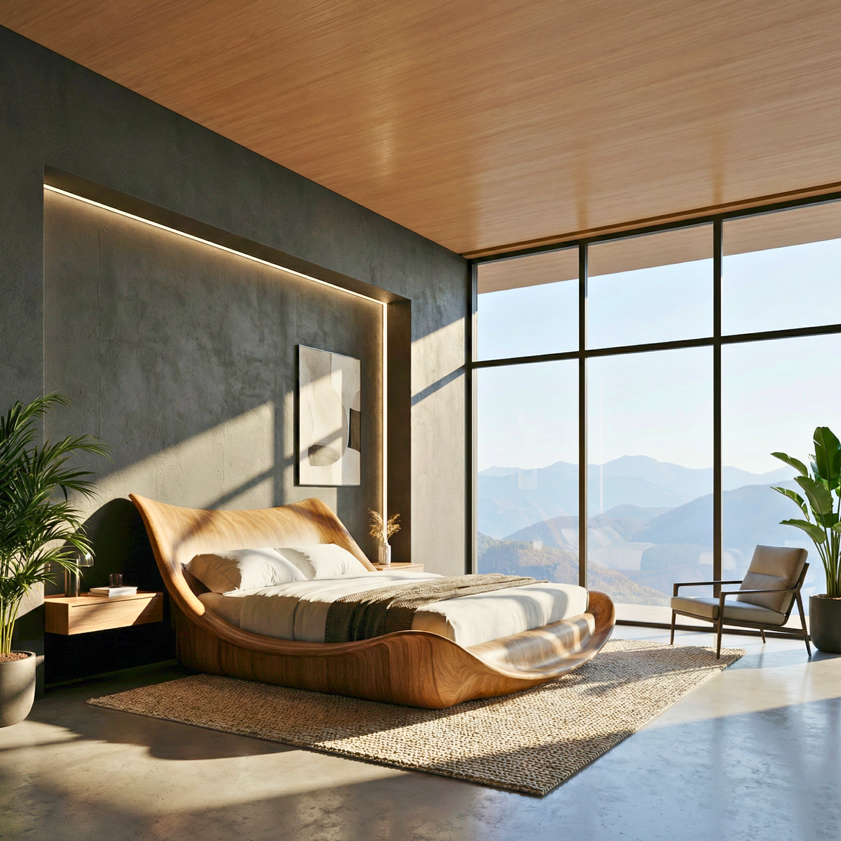 Wave Solid Wood Bed Frame for Modern Bedroom