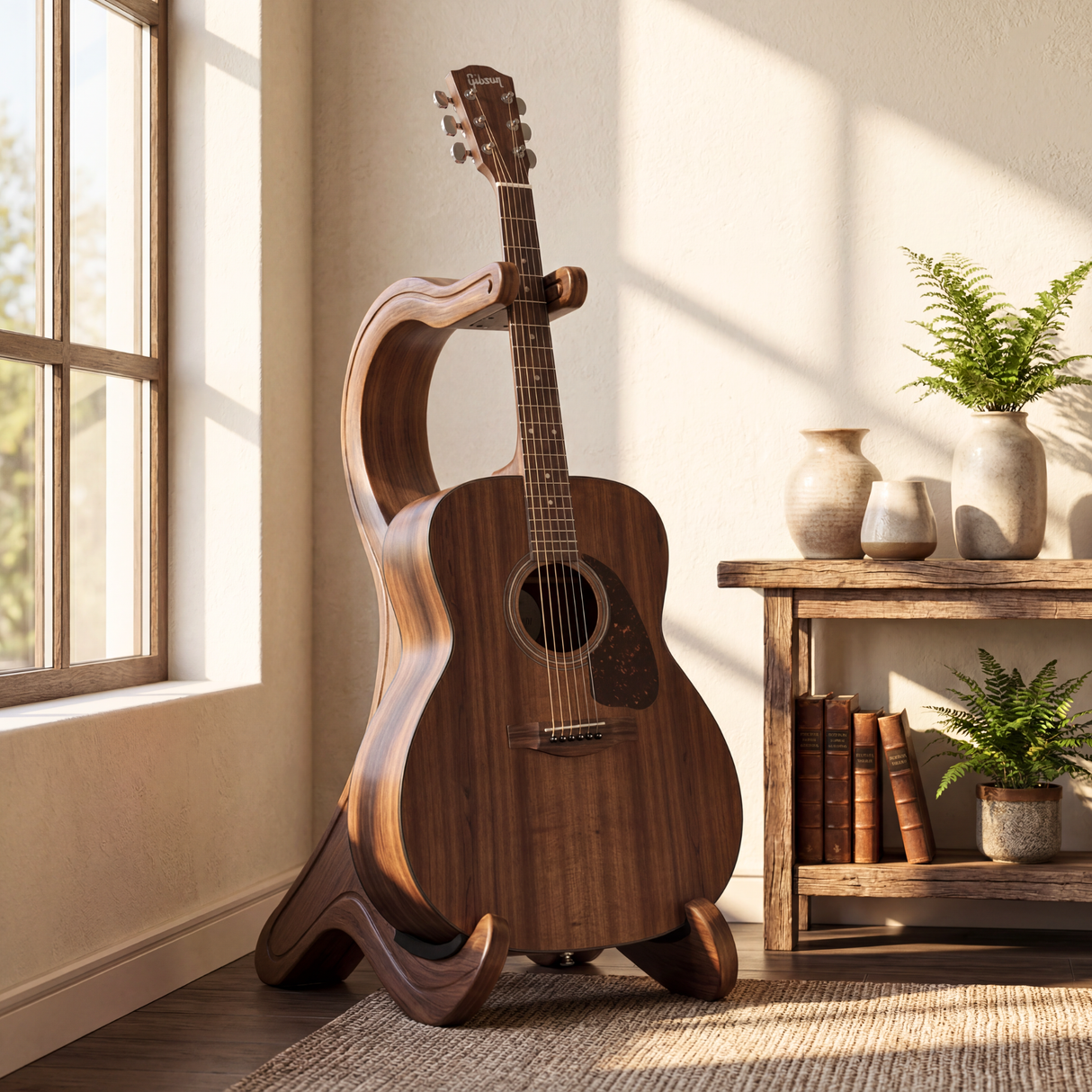 Sculptural Wooden Guitar Stand Modern Acoustic Display Holder