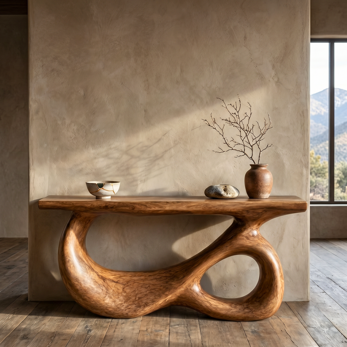 Console Table Solid Wood with Double Hollow Loop Base for Entryway Decor