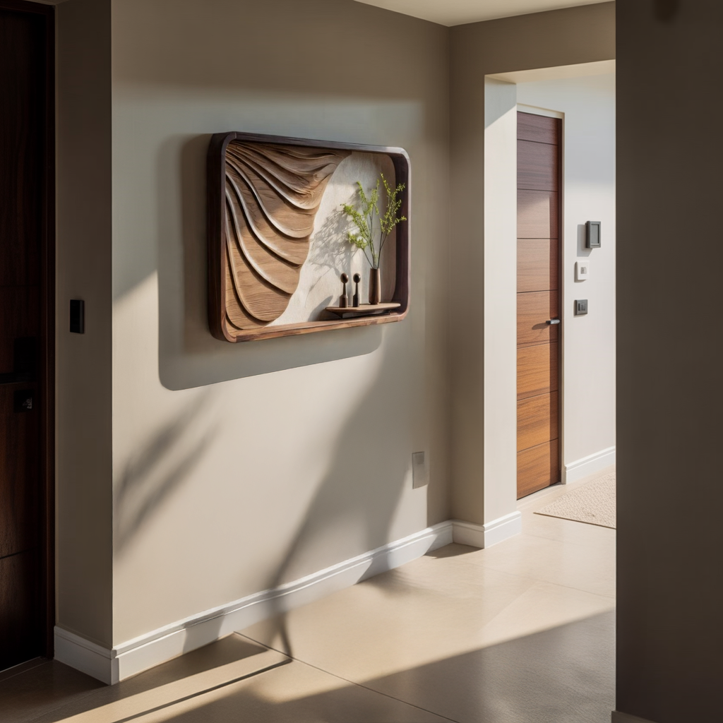 Solid Wood Wall Art Shelf with Sculptural Carved Panel