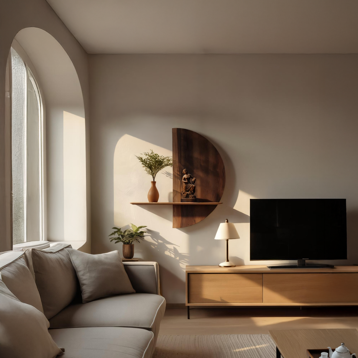 Half-Moon Solid Wood Wall Shelf with Sculptural Back Panel