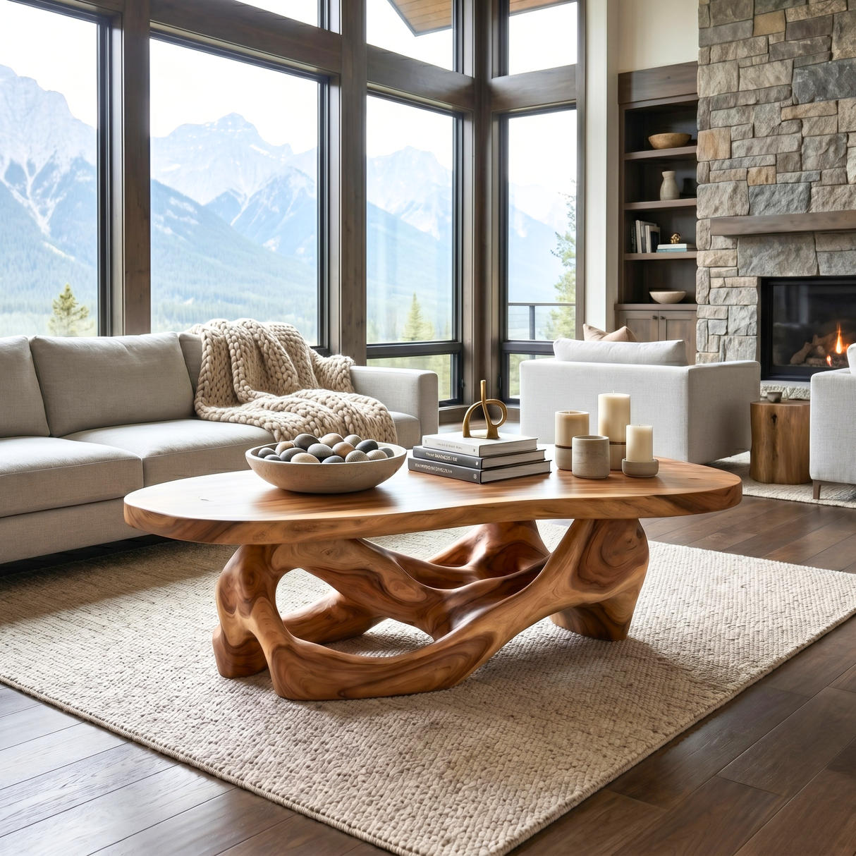 Sculptural Solid Wood Coffee Table with Fluid Openwork Base