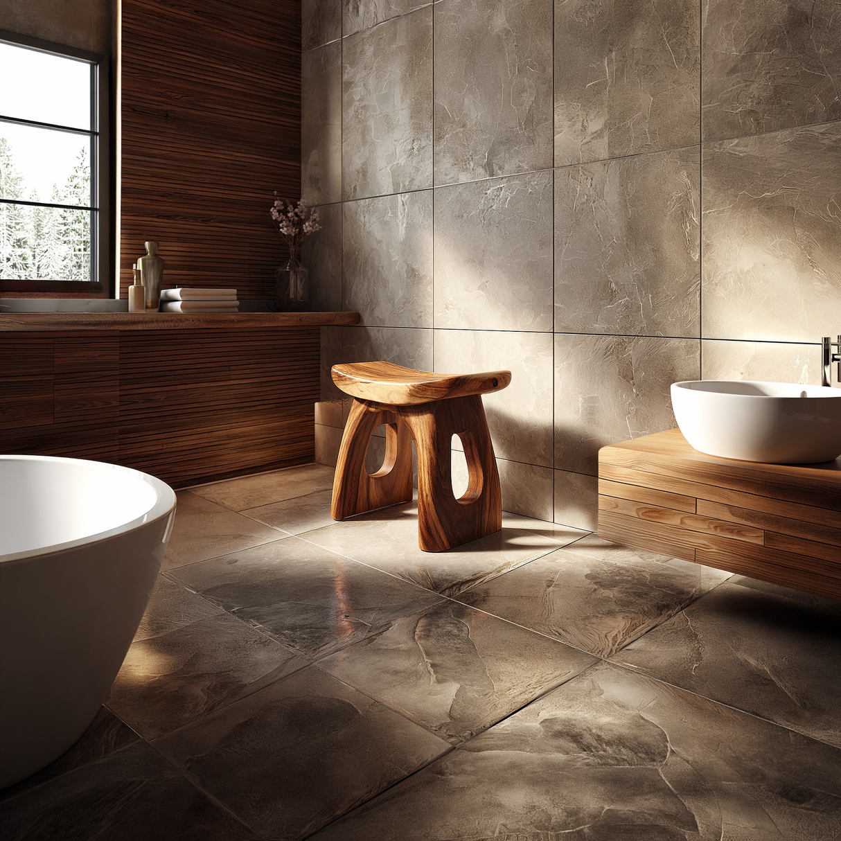 Sculpted Solid Wood Shower Stool with Open Arch Base