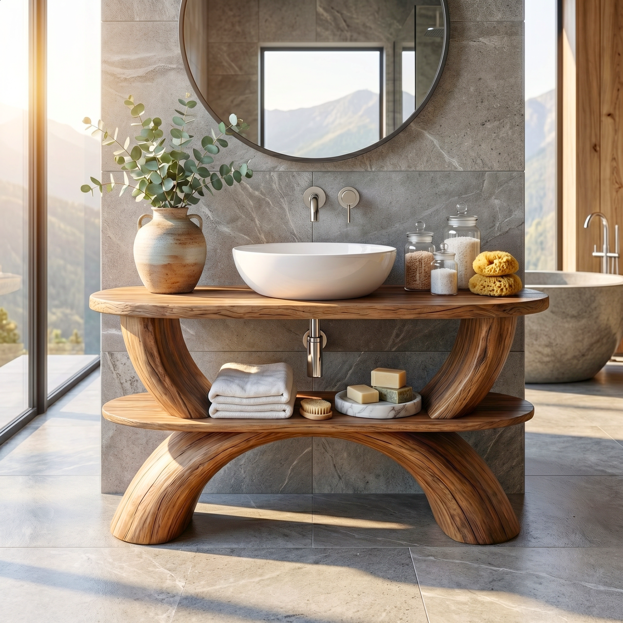 Handcrafted Solid Wood Bathroom Vanity Organic Modern Rustic Wood Vanity with Open Shelf