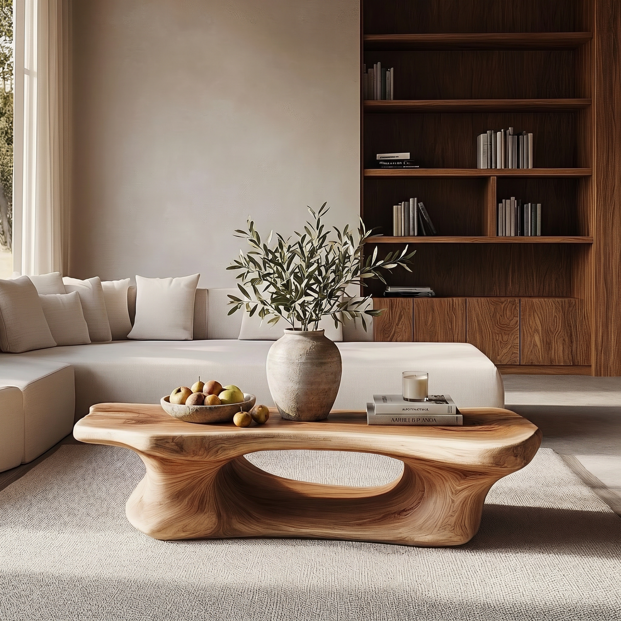 Coffee Table Solid Wood with Long Arched Hollow Base for Living Room