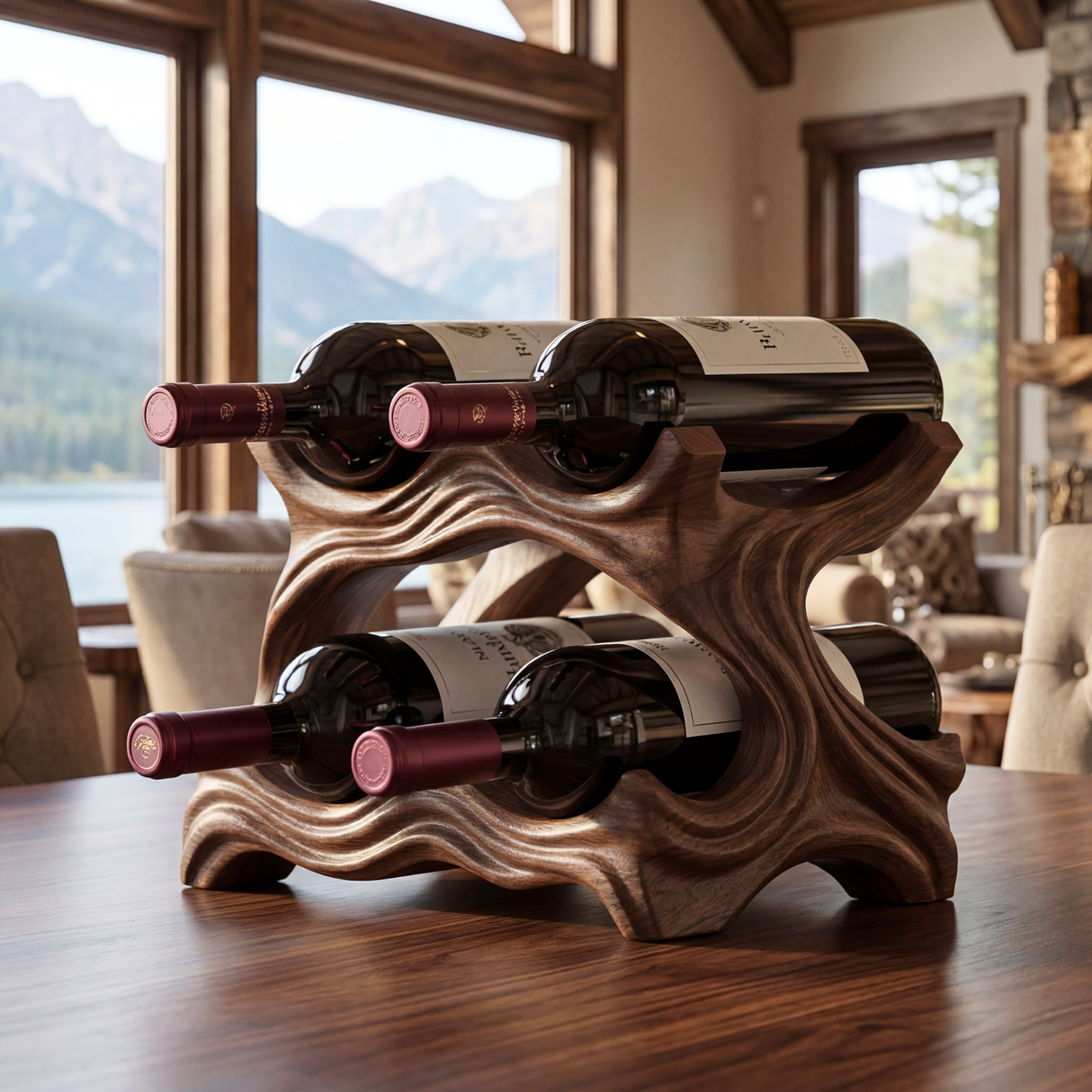 Sculptural Solid Wood Wine Rack Organic Carved Bottle Holder Modern Tabletop Display