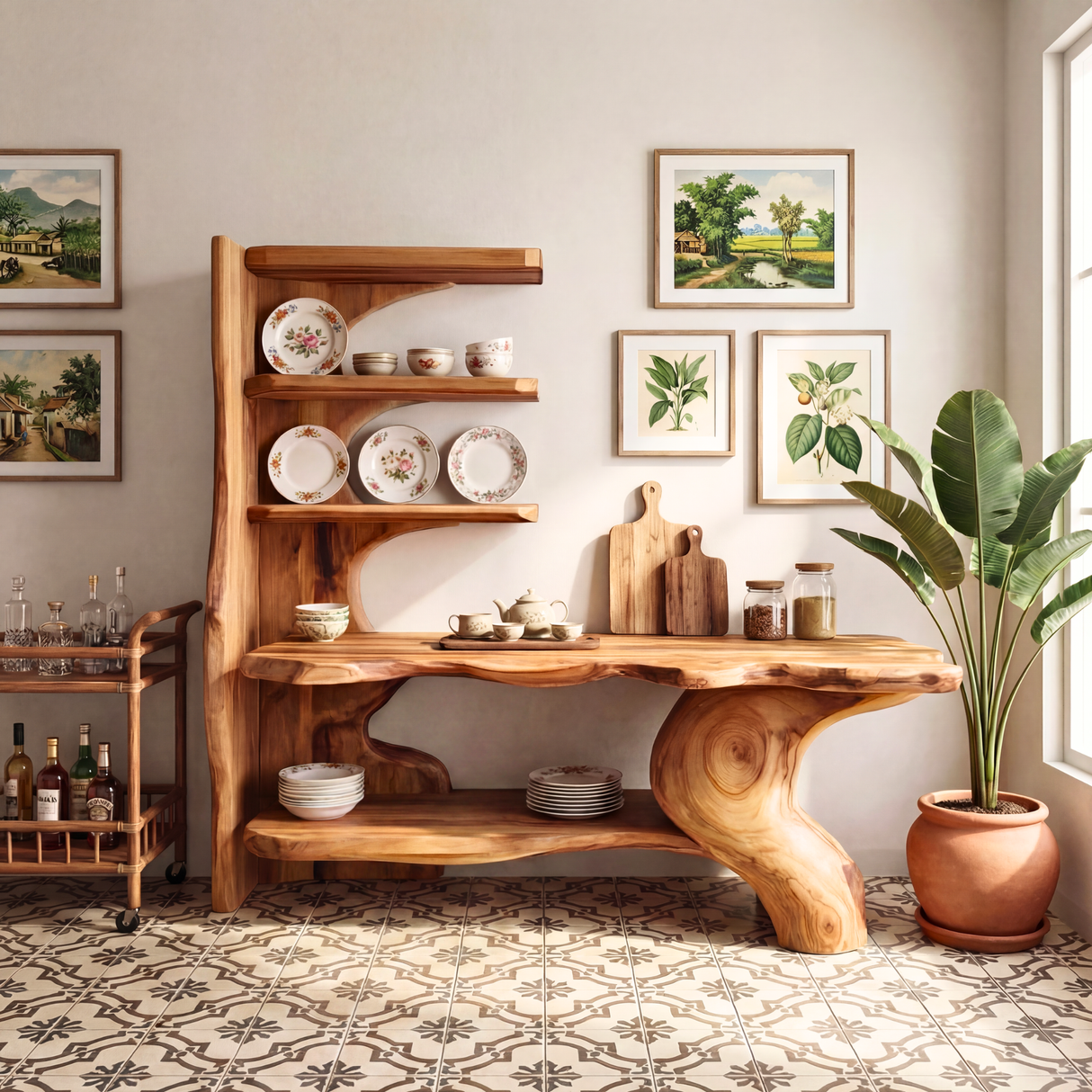 Organic Sculptural Solid Wood Console Table with Asymmetrical Shelving Artistic Freeform Console Table