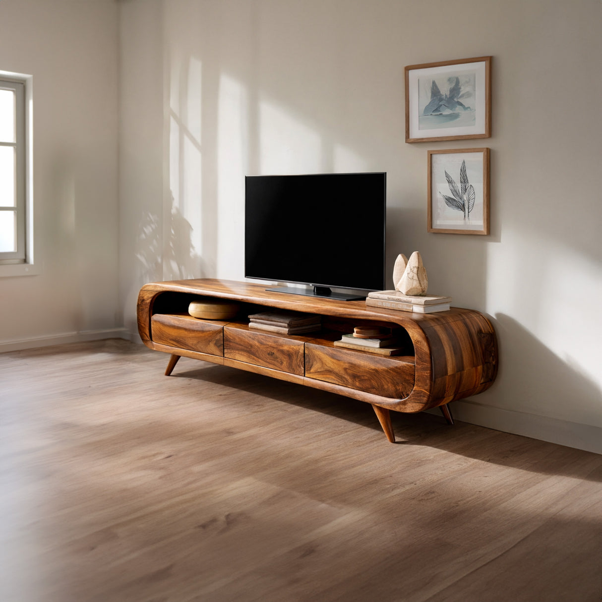 Organic Modern Solid Wood Media Console with Rounded Edges