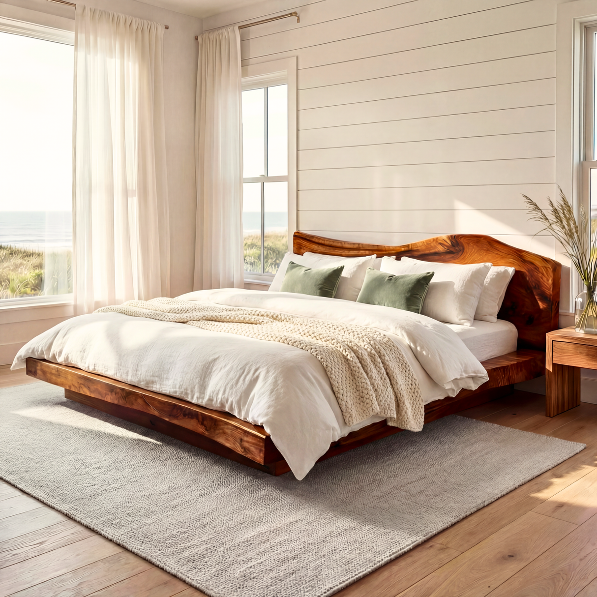 Solid Wood Platform Bed with Natural Edge Headboard for Bedroom