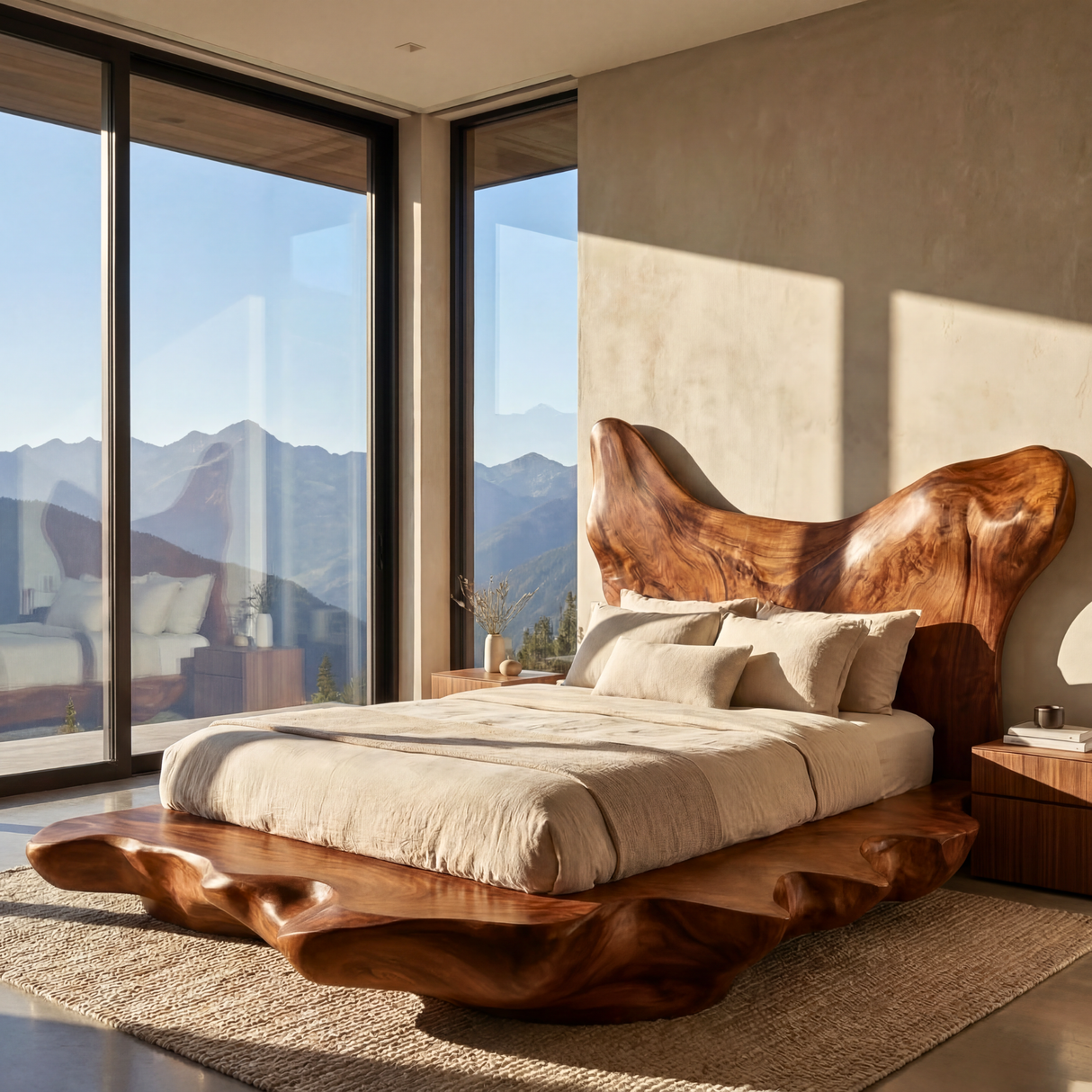 Sculptural Solid Wood Bed Frame with Organic Live Edge Platform, Statement Bed for Organic Modern Bedrooms