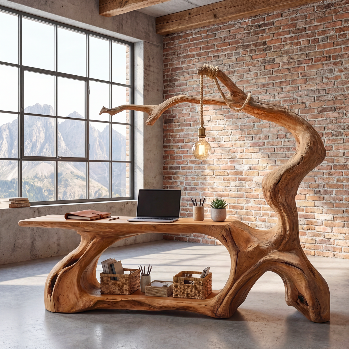 Solid Wood Desk with Hanging Light Tree Inspired Reading Table Organic