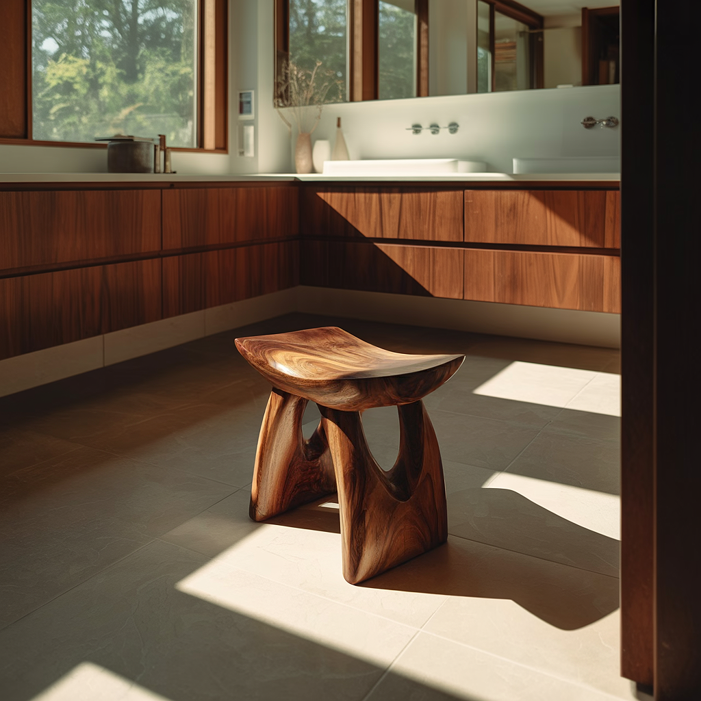 Sculptural Solid Wood Stool with Organic Modern Form