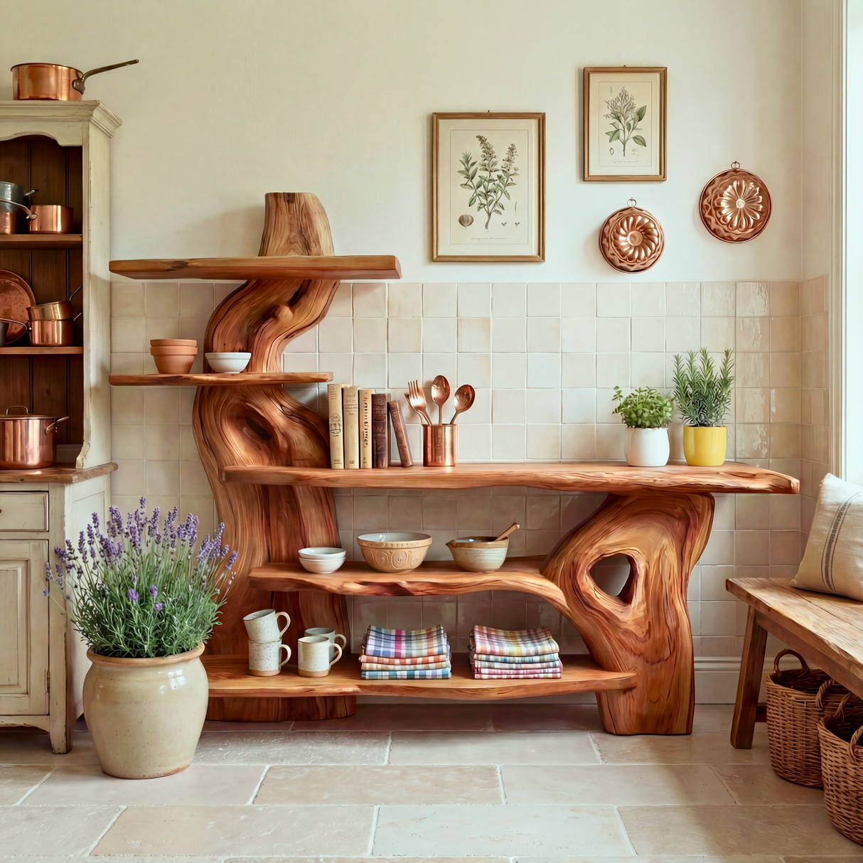 Sculptural Solid Wood Console Table with Organic Form and Tiered Display Shelves Artistic Freeform Console Table