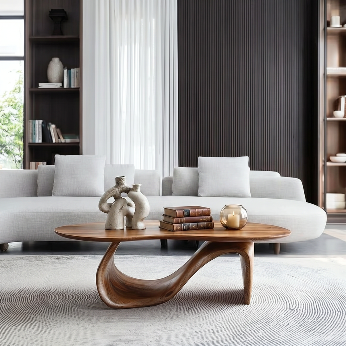 Solid Wood Coffee Table with Asymmetric Loop Base for Living Room