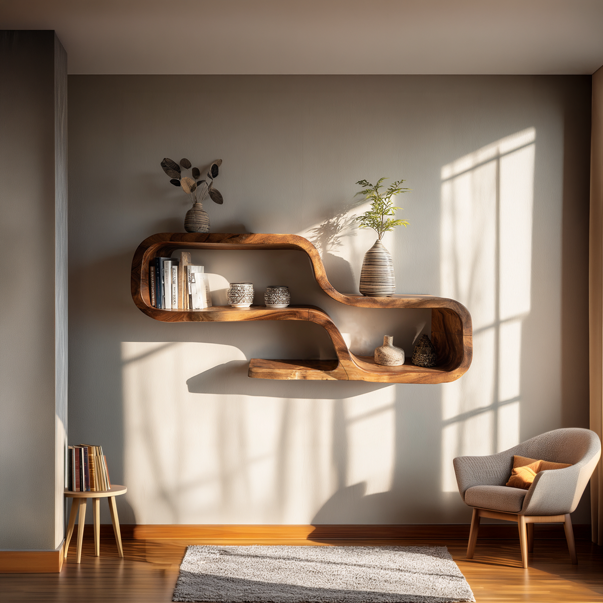 Organic Solid Wood Curved Floating Shelf for Living Room