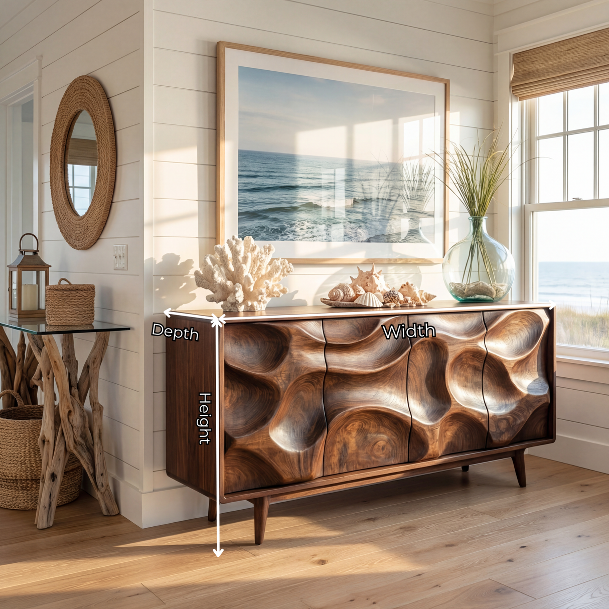 Sculpted Solid Wood Sideboard Cabinet with Organic Carved Front
