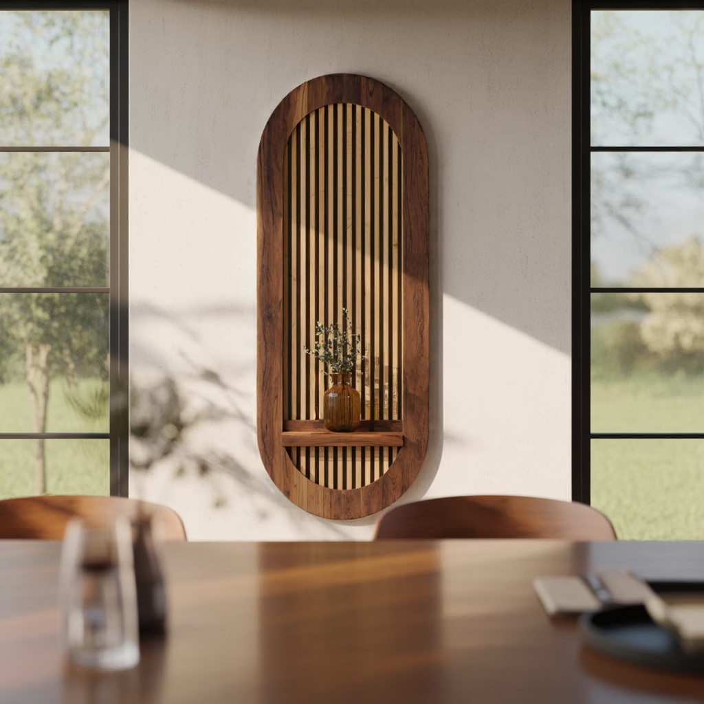 Arched Slatted Solid Wood Wall Panel with Floating Shelf